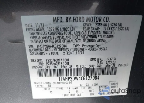 2012 Ford Taurus Se из США, поврежденный, VIN 1FAHP2DW4CG127084